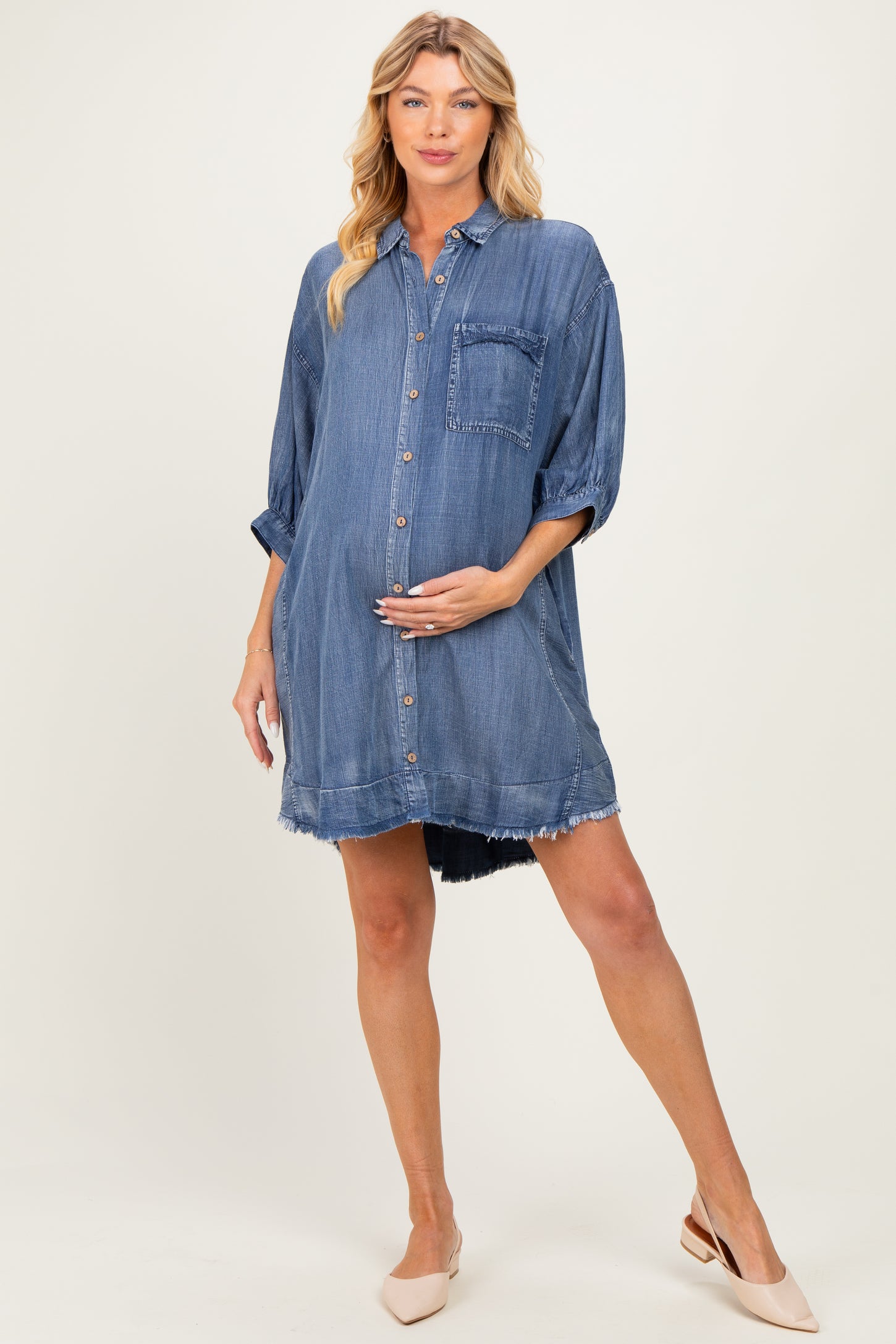 Dark Denim Chambray Dolman Sleeve Maternity Shirt Dress