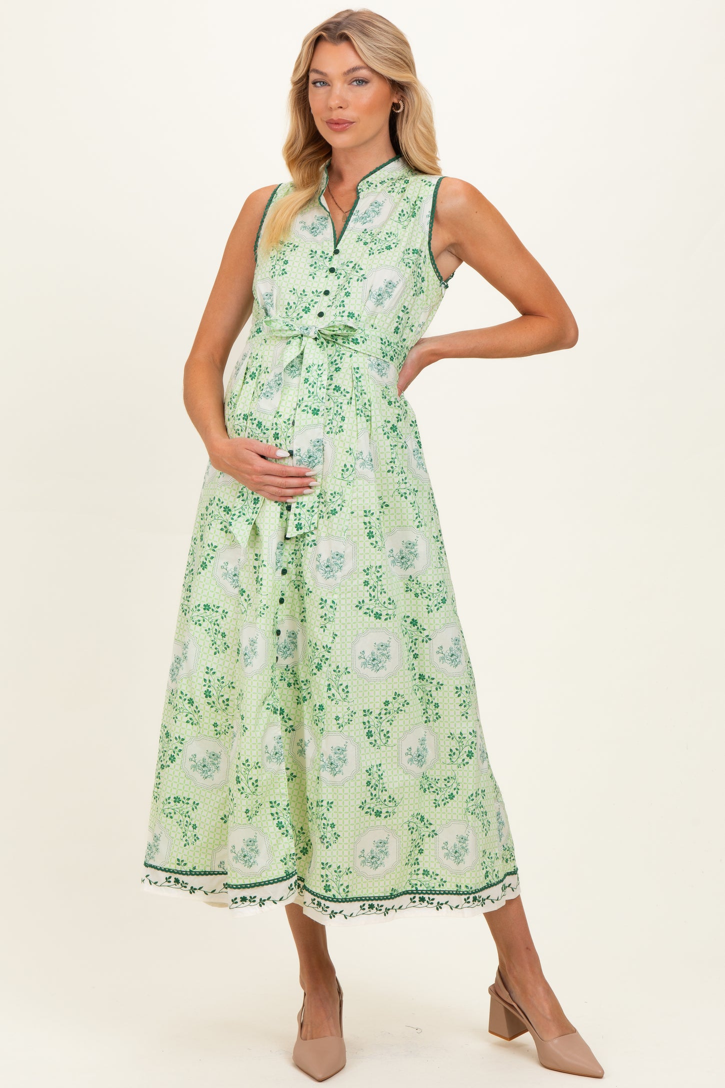 Fern Floral Button Up Tie Waist Maternity Midi Dress
