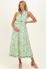 Fern Floral Button Up Tie Waist Maternity Midi Dress