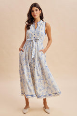 French Blue Floral Button Up Tie Waist Maternity Midi Dress