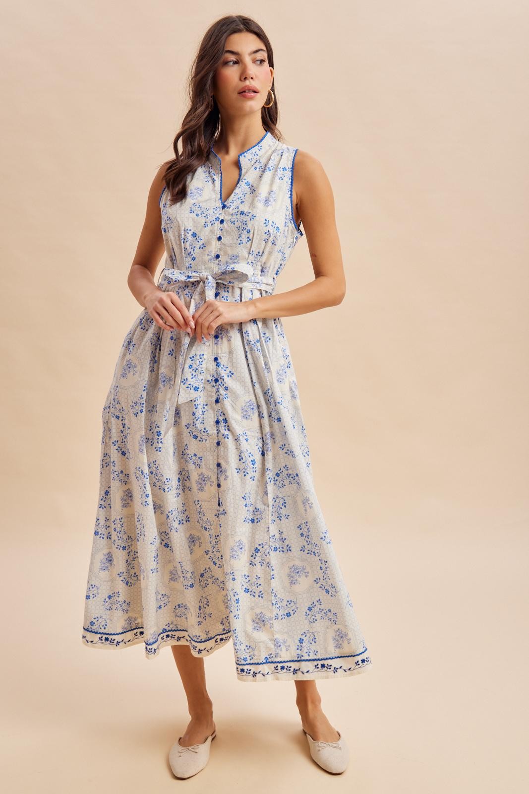 French Blue Floral Button Up Tie Waist Midi Dress