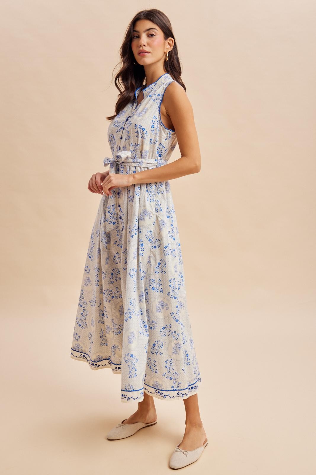 French Blue Floral Button Up Tie Waist Midi Dress