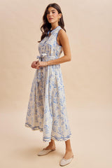 French Blue Floral Button Up Tie Waist Midi Dress
