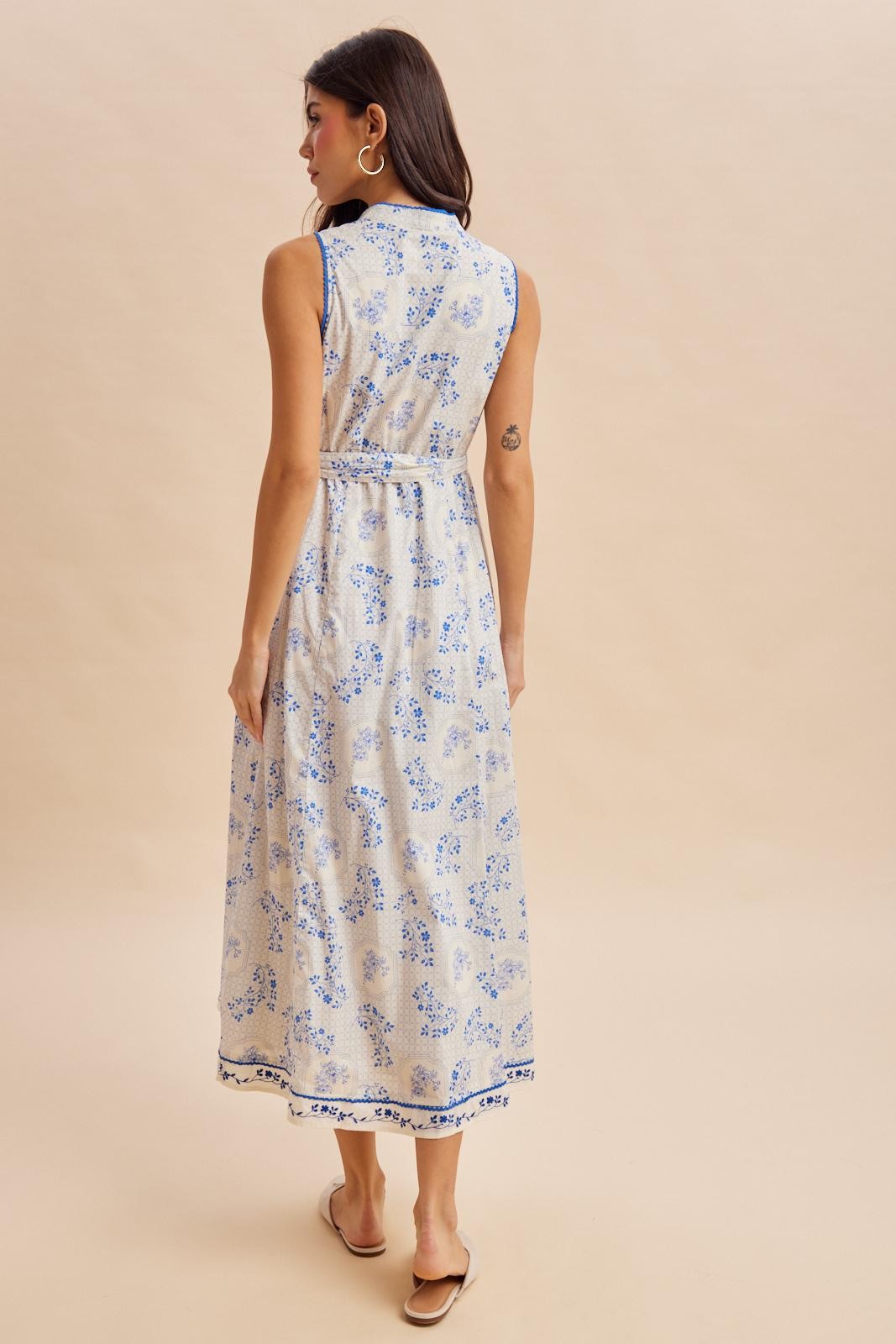 French Blue Floral Button Up Tie Waist Midi Dress
