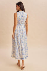 French Blue Floral Button Up Tie Waist Midi Dress