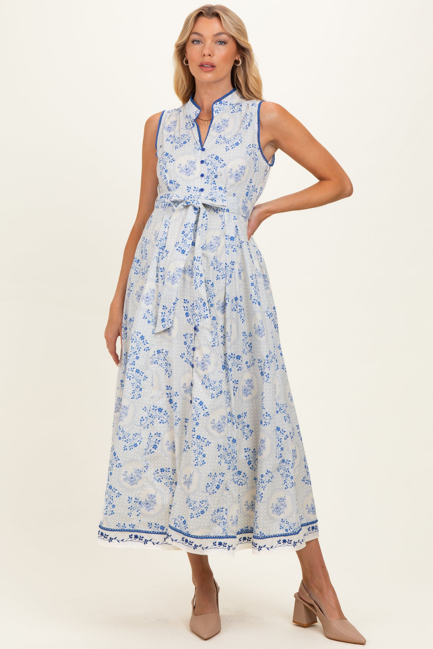 French Blue Floral Button Up Tie Waist Maternity Midi Dress