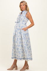 French Blue Floral Button Up Tie Waist Maternity Midi Dress