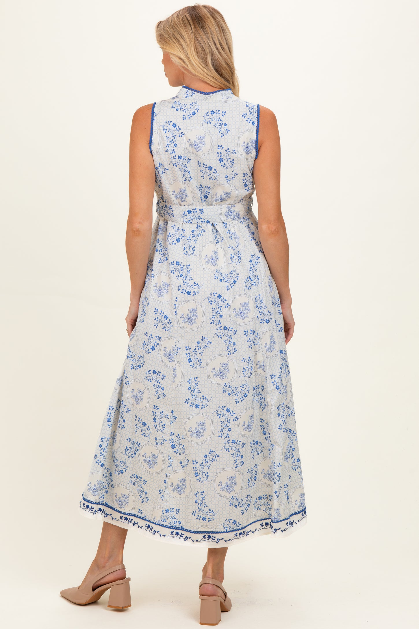 French Blue Floral Button Up Tie Waist Maternity Midi Dress