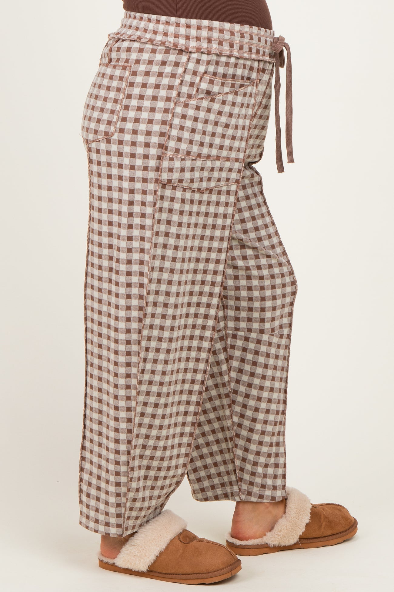Mocha Gingham Barrel Leg Maternity Pants
