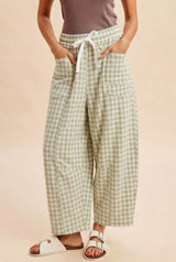 Light Sage Gingham Barrel Leg Pants