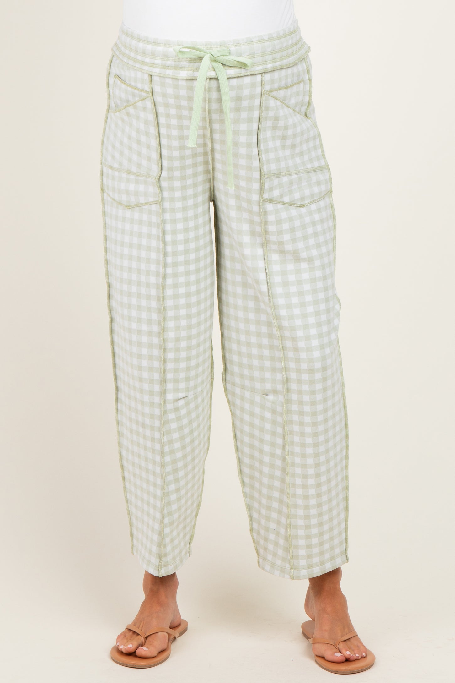 Light Sage Gingham Barrel Leg Maternity Pants