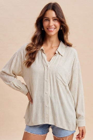 Sage Striped Oversized Sheer Linen Button Down