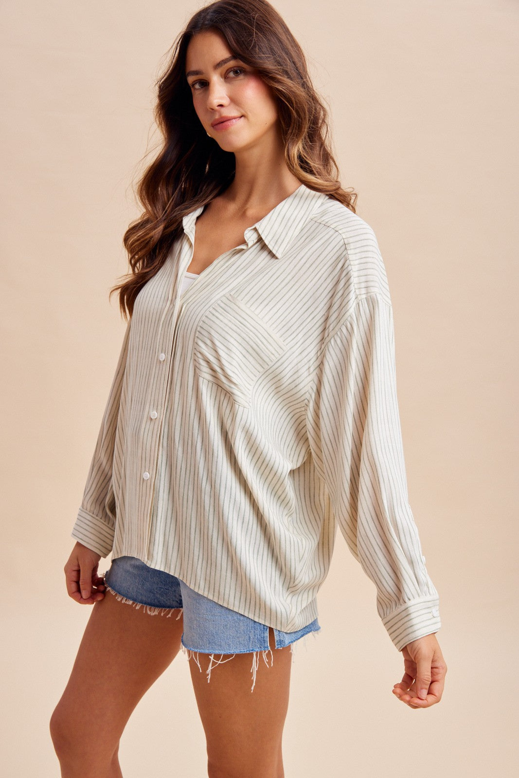 Sage Striped Oversized Sheer Linen Button Down