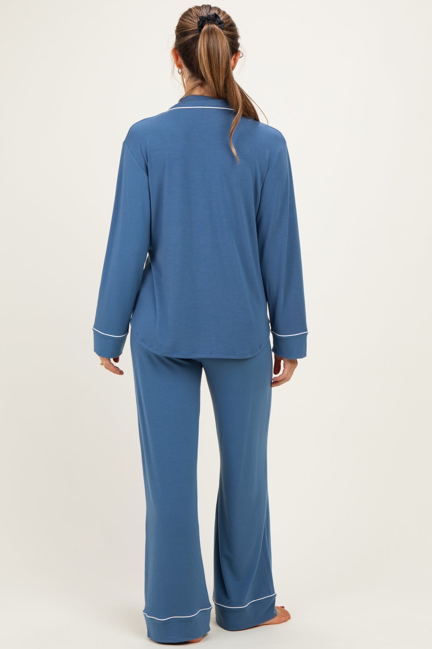 Dusty Blue Button Down Top Wide Leg Pant Maternity Pajama Set