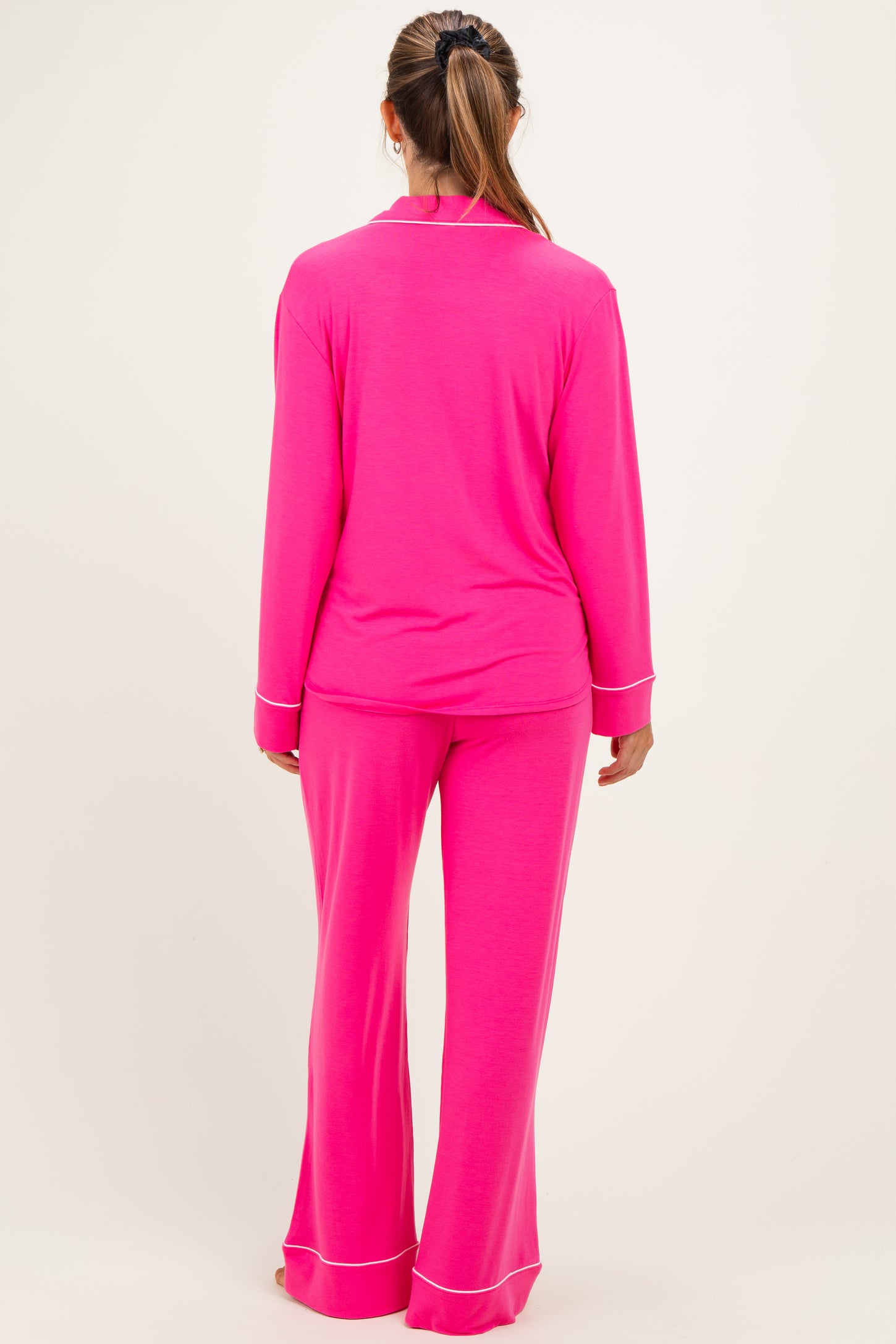Fuchsia Button Down Top Wide Leg Pant Maternity Pajama Set