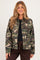 woman wearing a green camo maternity jacket over a black top with a relaxed fit and button details