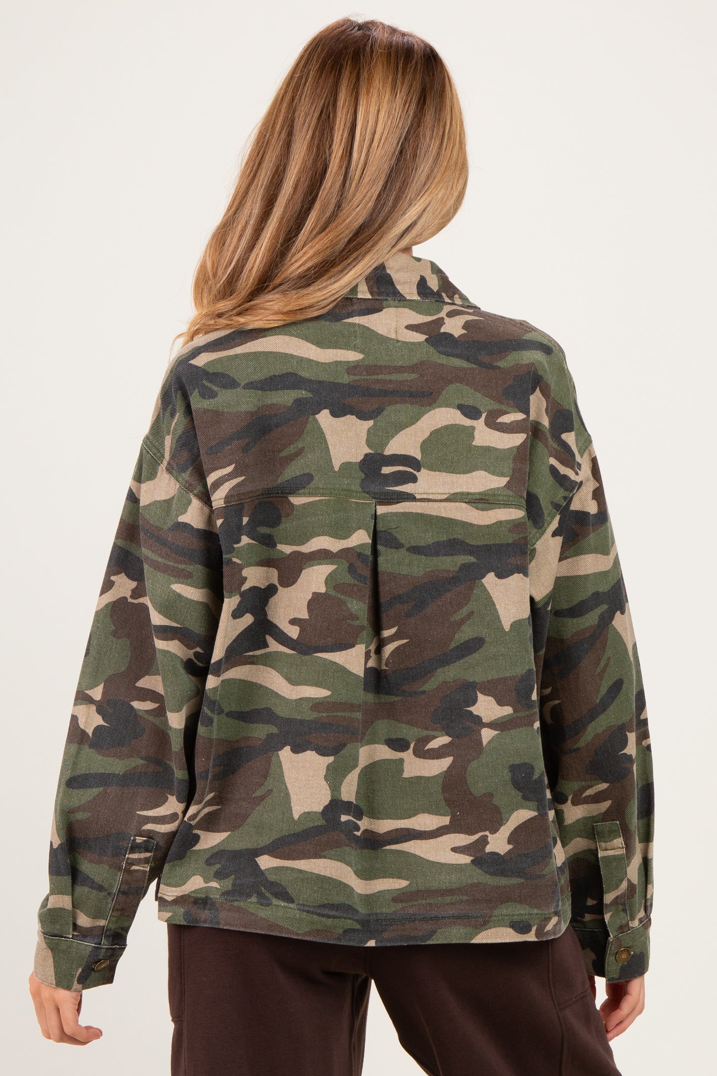 woman wearing a camouflage print long sleeve maternity shirt, viewed from the back