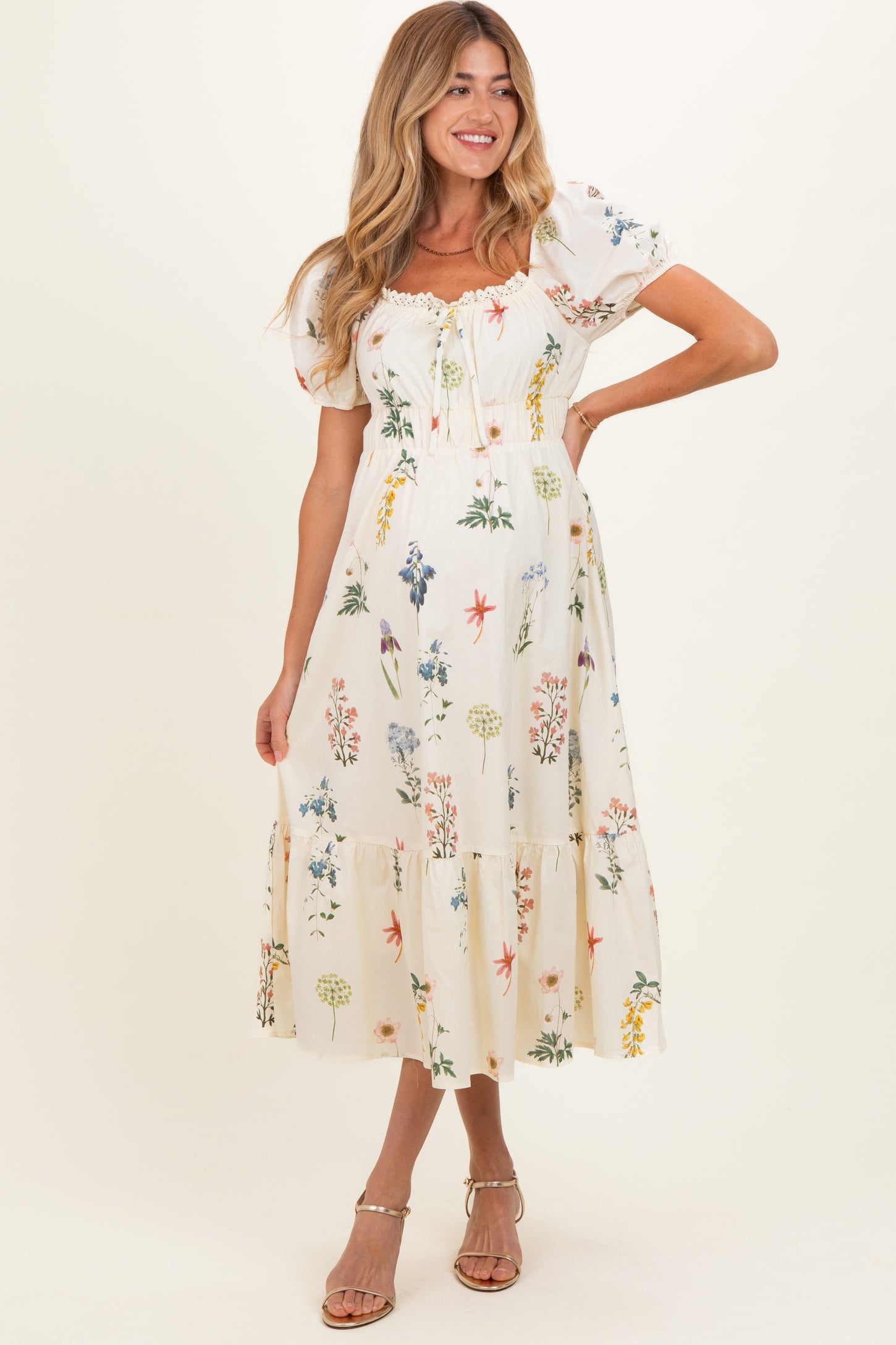 Oatmeal Floral Puff Sleeve Maternity Midi Dress