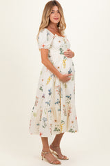 Oatmeal Floral Puff Sleeve Maternity Midi Dress