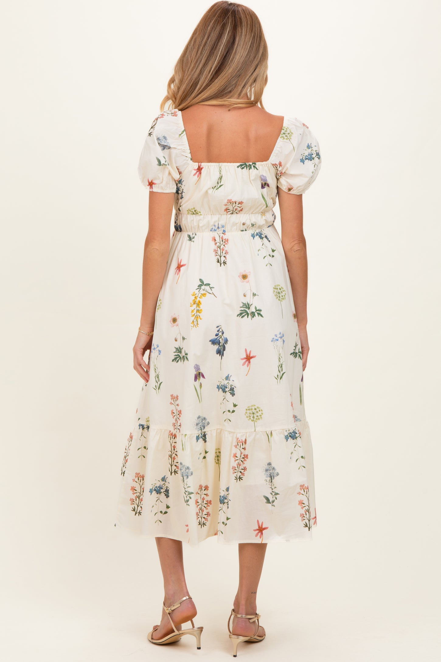 Oatmeal Floral Puff Sleeve Maternity Midi Dress