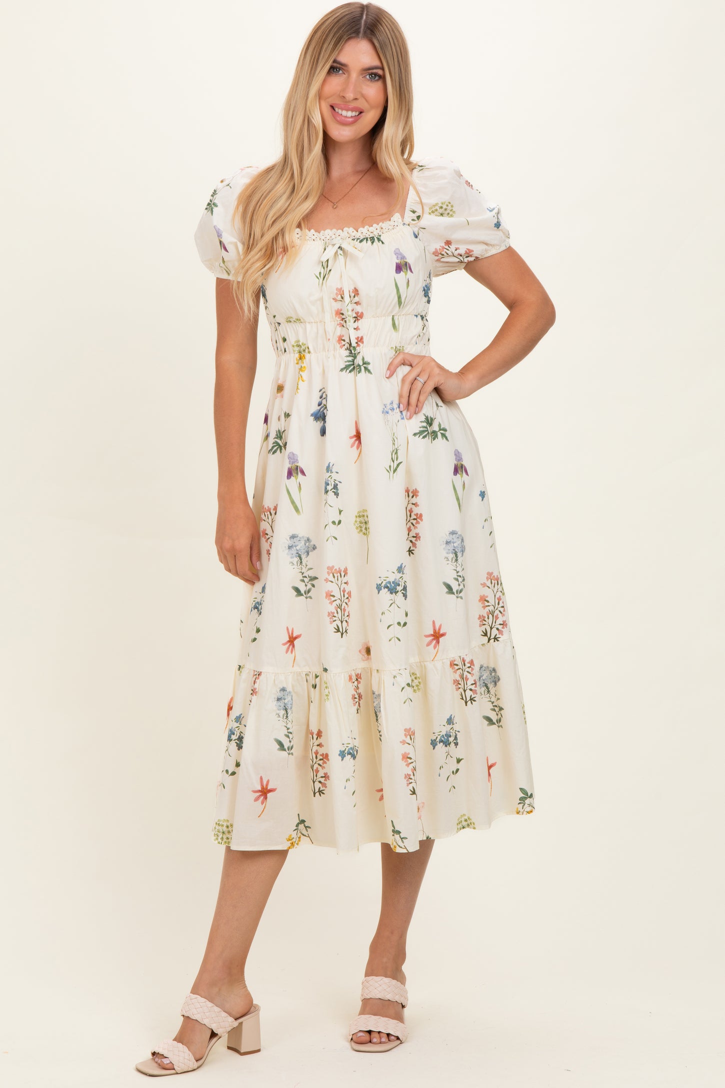 Oatmeal Floral Puff Sleeve Maternity Midi Dress