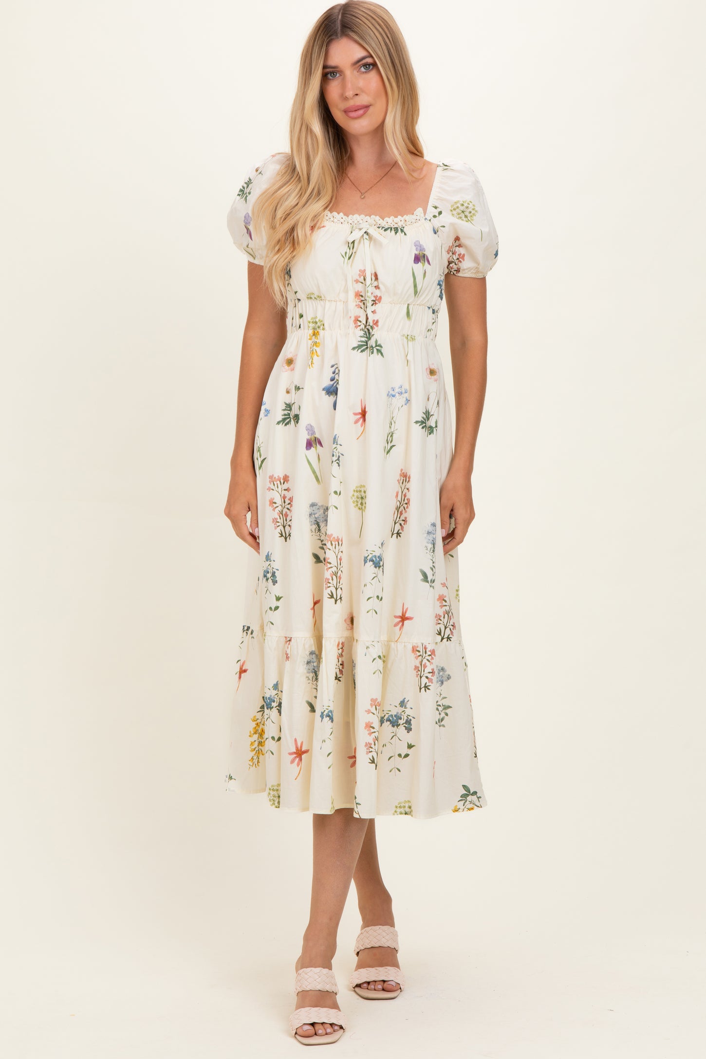 Oatmeal Floral Puff Sleeve Midi Dress
