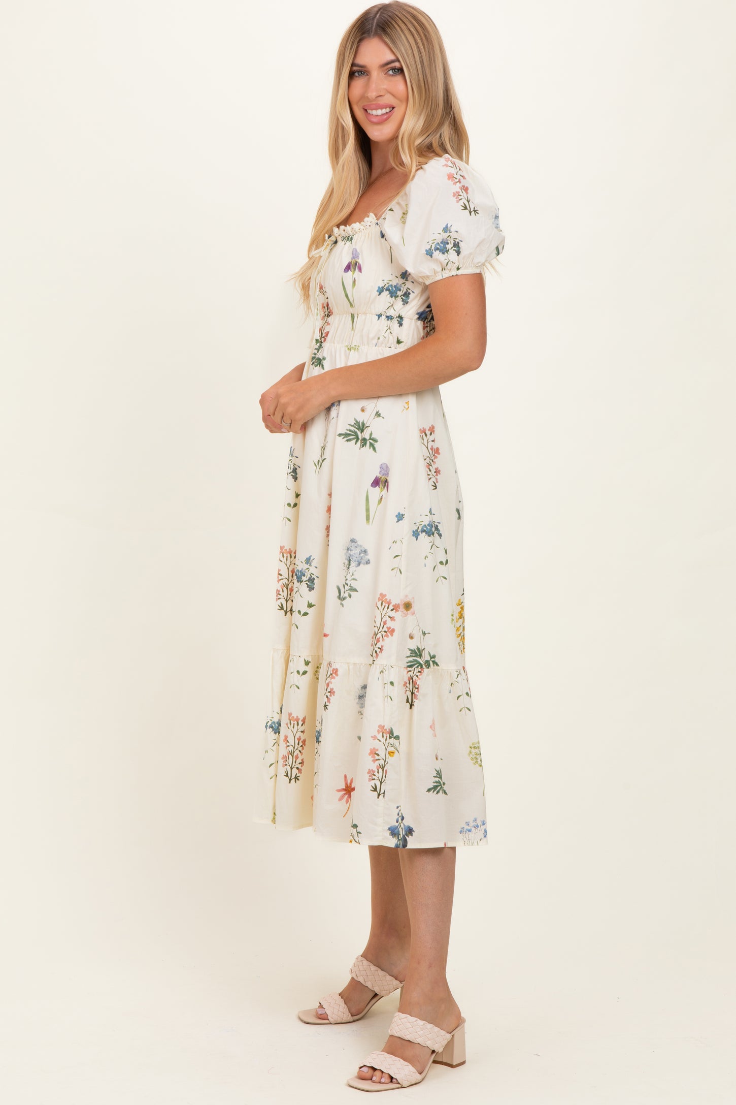 Oatmeal Floral Puff Sleeve Midi Dress