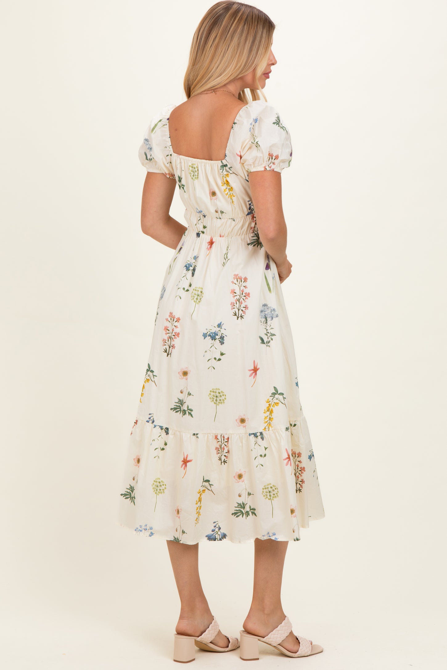 Oatmeal Floral Puff Sleeve Midi Dress