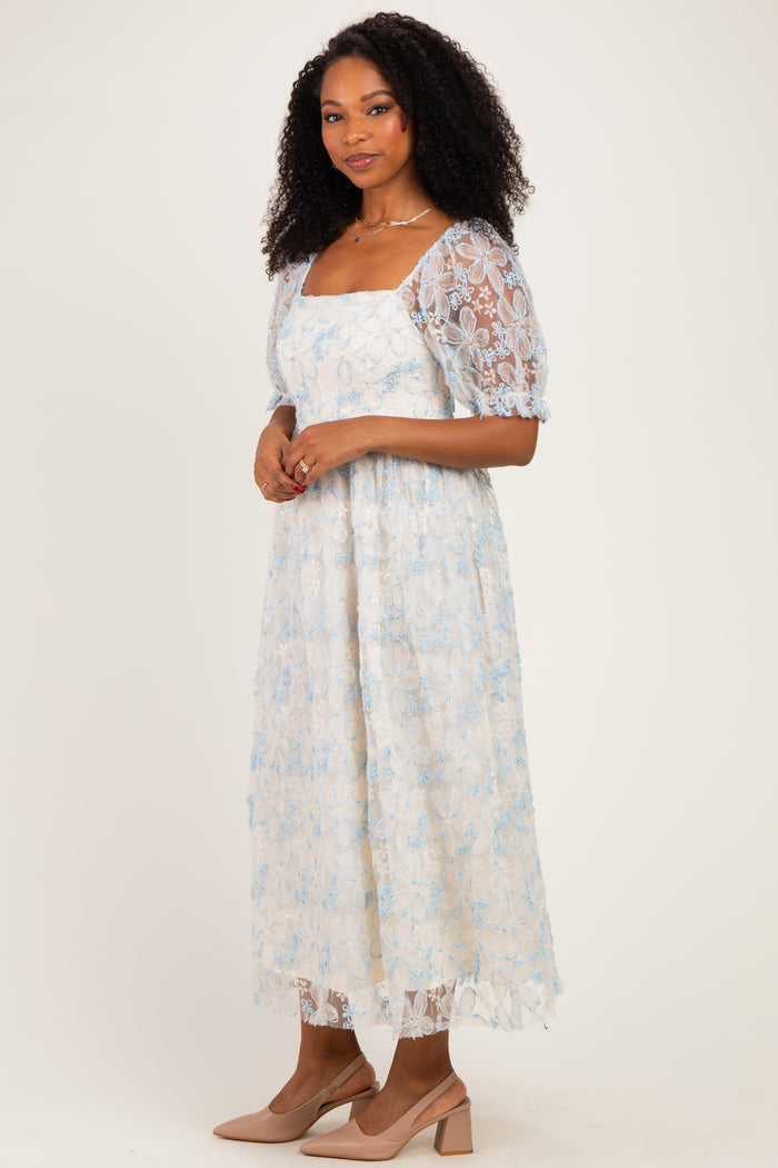 Light Blue Floral Mesh Overlay Tie Back Midi Dress