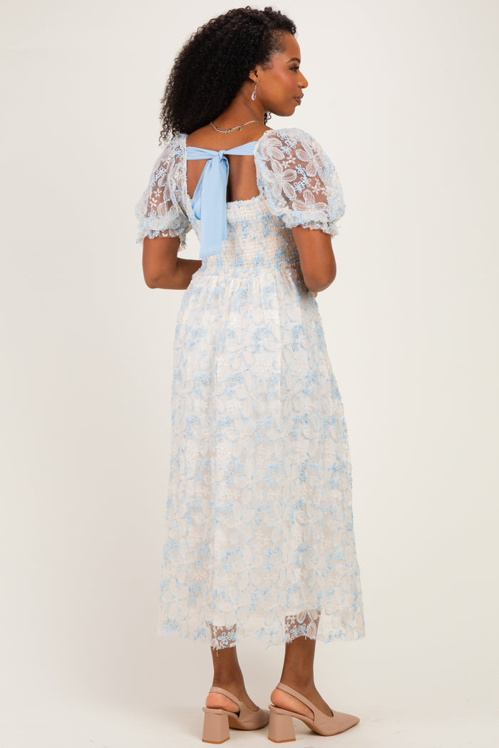 Light Blue Floral Mesh Overlay Tie Back Midi Dress