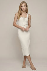 Off White Floral Textured Two Tone Rib Button Front Square Neck