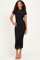 Black Sheer Lace Overlay Short Sleeve Midi Dress