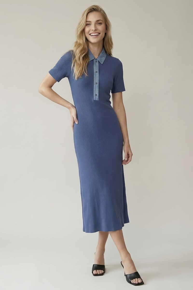 Dusty Navy Denim Contrast Collar Maternity Knit Midi Dress