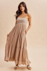 Beach Sand Embroidered Smocked Maxi Dress