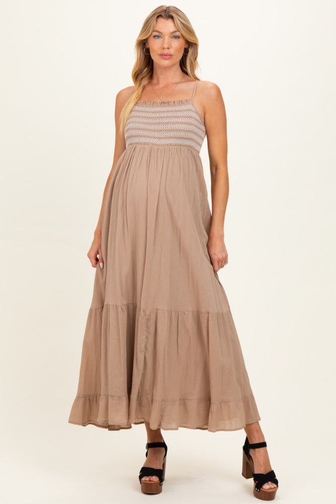 Beach Sand Embroidered Smocked Maternity Maxi Dress