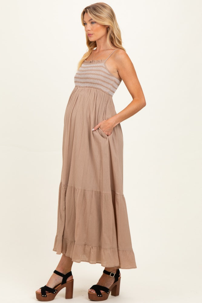 Beach Sand Embroidered Smocked Maternity Maxi Dress