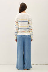 woman wearing a striped sweater in cream and pastel colors with wide-leg denim pants from the back
