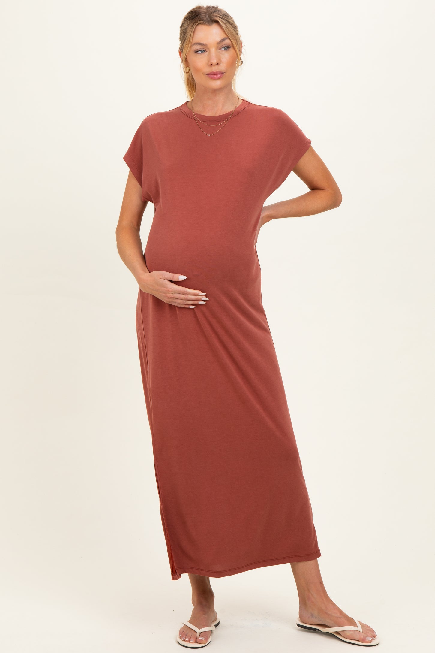 Brick Boxy Side Slit Maternity Maxi Dress