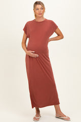 Brick Boxy Side Slit Maternity Maxi Dress
