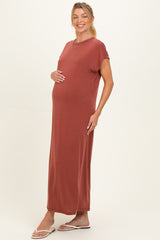 Brick Boxy Side Slit Maternity Maxi Dress