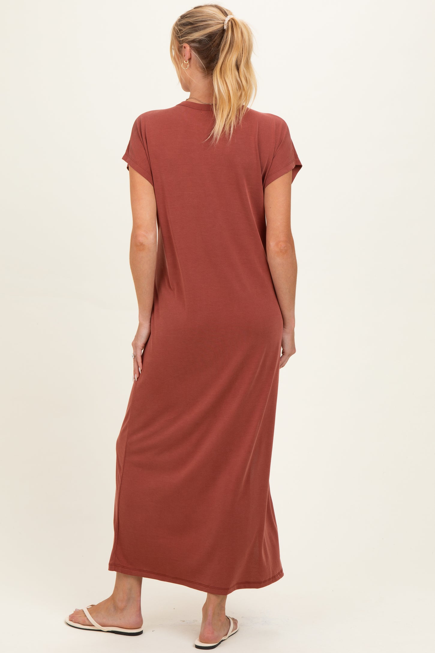 Brick Boxy Side Slit Maternity Maxi Dress