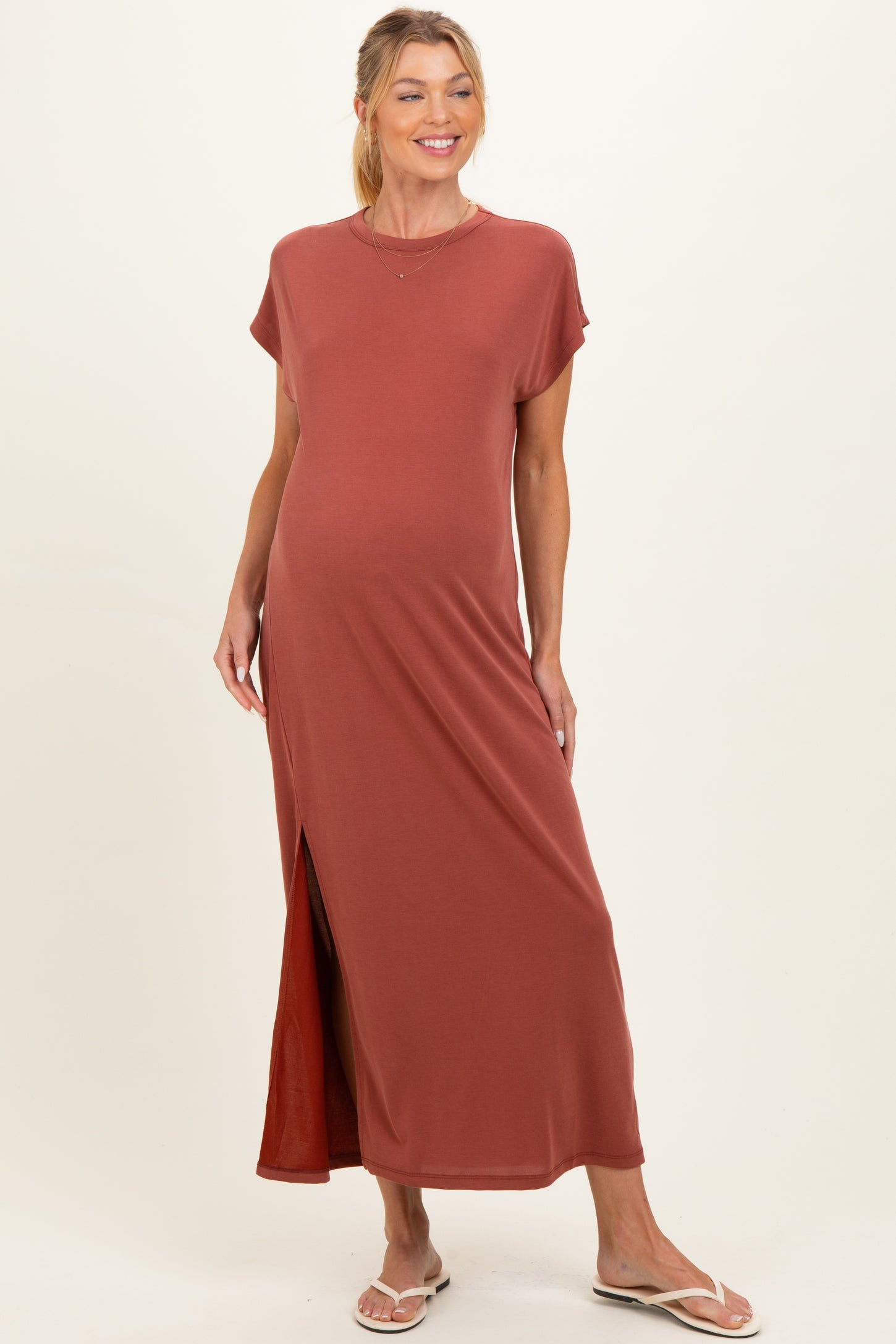 Brick Boxy Side Slit Maternity Maxi Dress