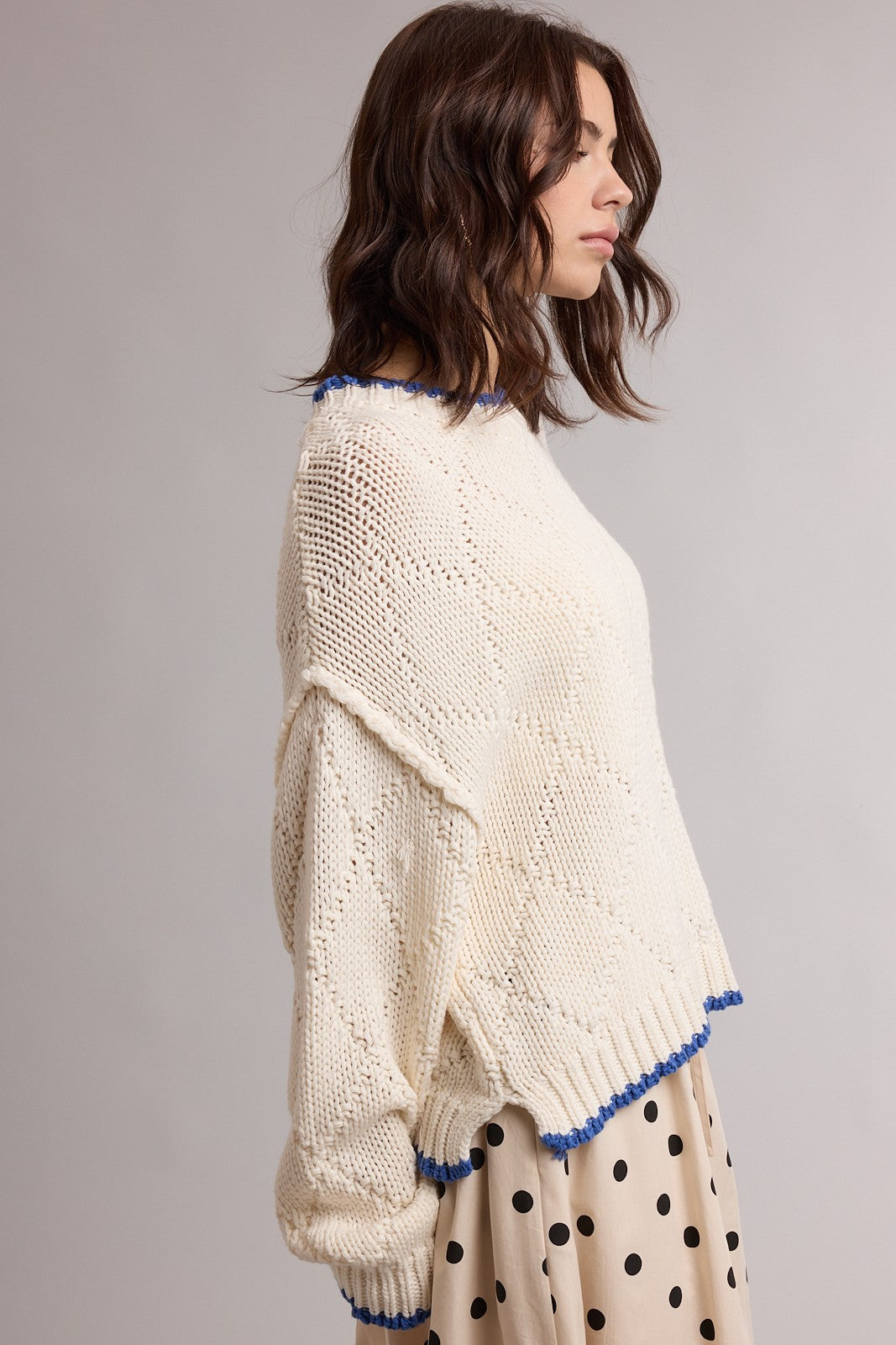 Cream Contrast Trim Pointelle Sweater
