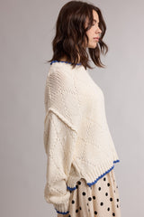 Cream Contrast Trim Pointelle Sweater