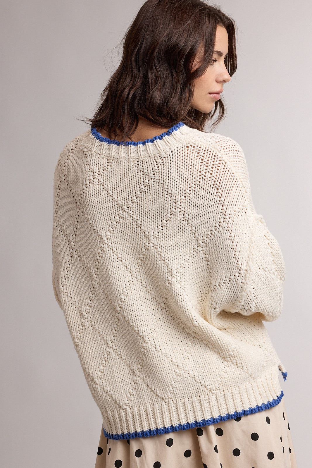 Cream Contrast Trim Pointelle Sweater