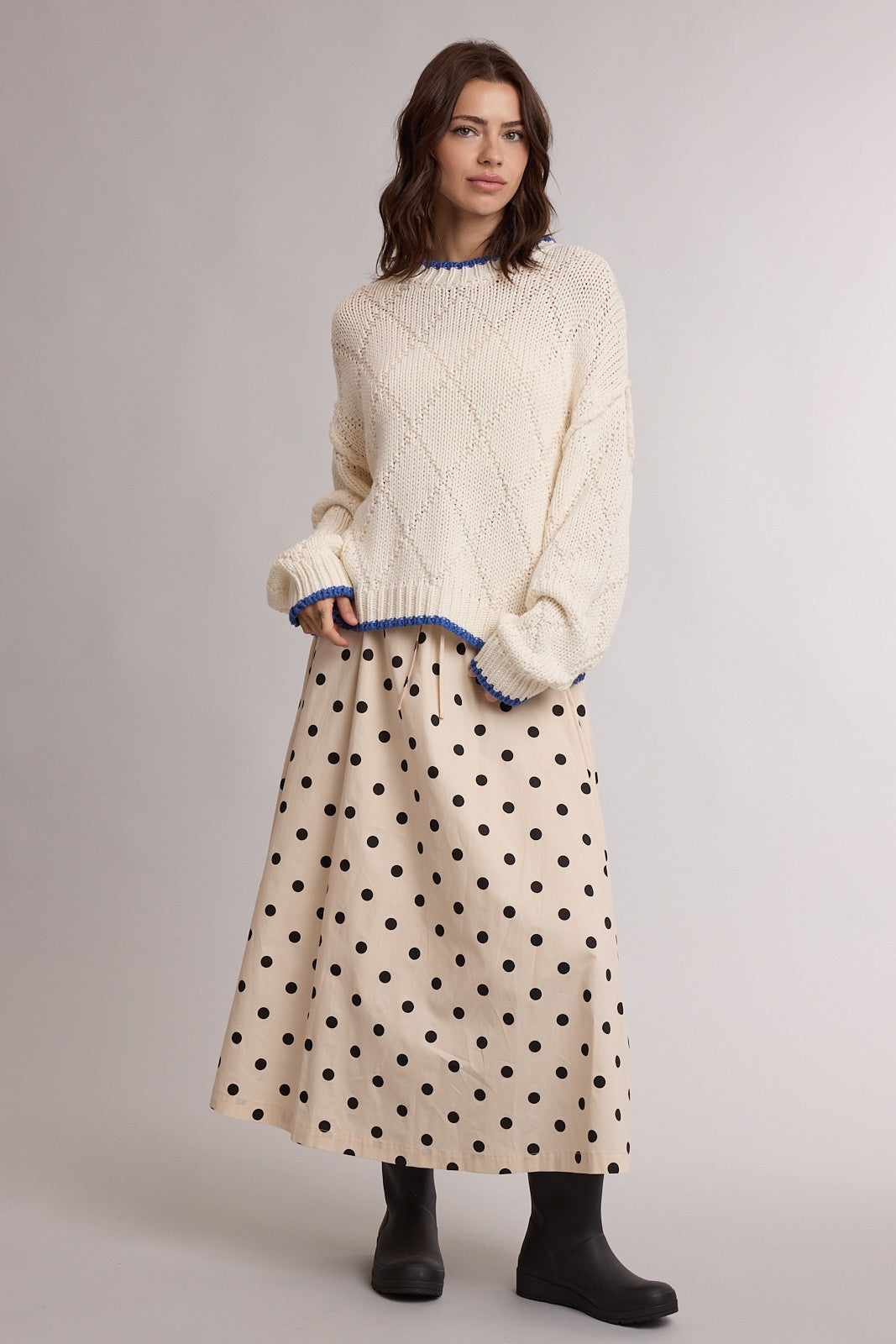 Cream Contrast Trim Pointelle Sweater