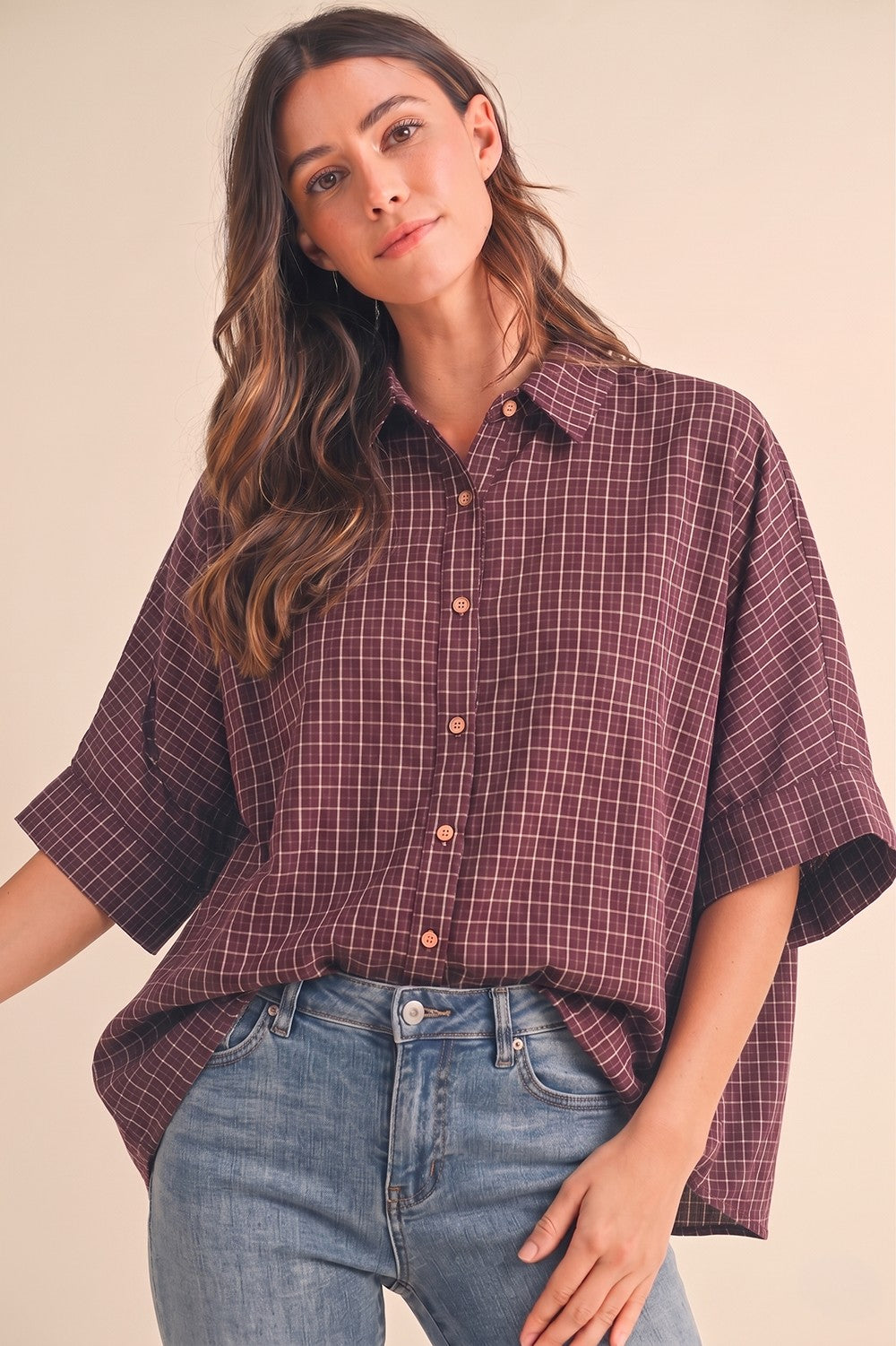 Merlot Oversized Check Plaid Button Down Shirt
