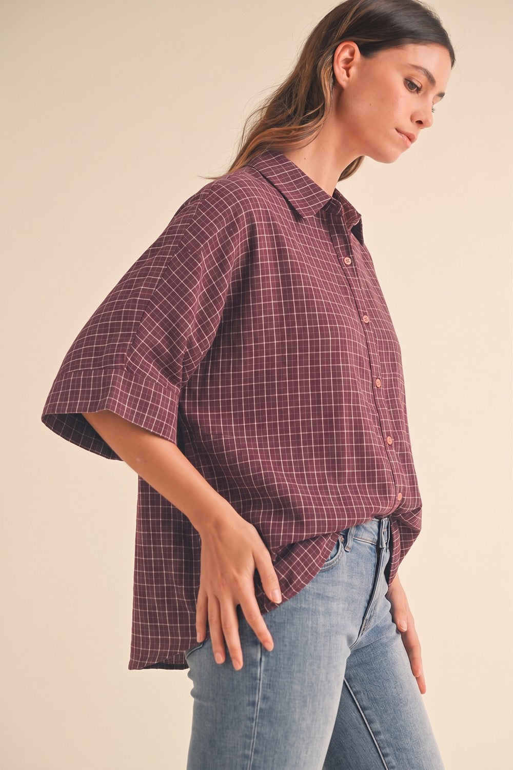 Merlot Oversized Check Plaid Button Down Shirt