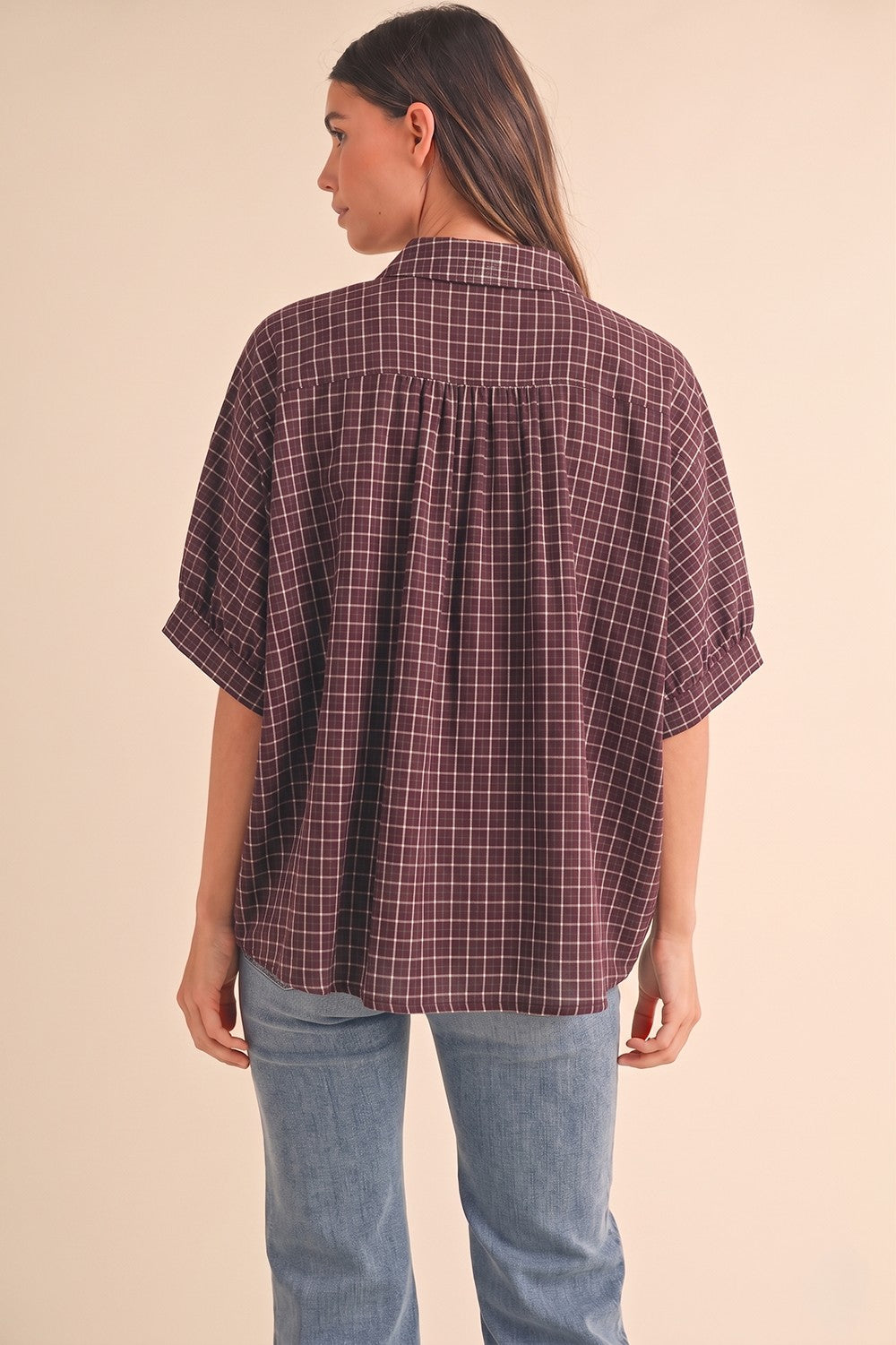 Merlot Oversized Check Plaid Button Down Shirt