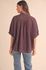Merlot Oversized Check Plaid Button Down Shirt